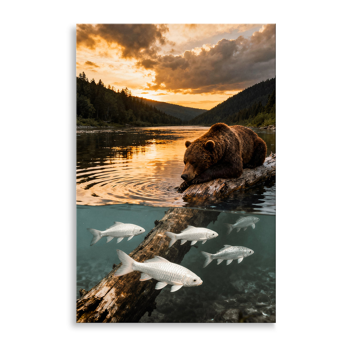 Bär am Fluss im Abendlicht